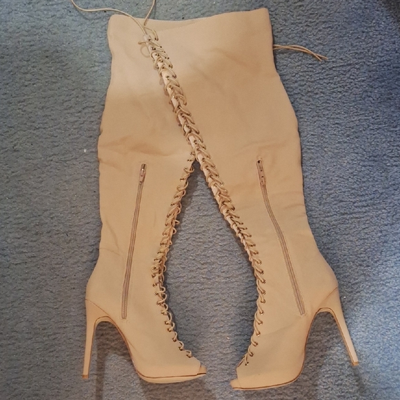 Glaze Shoes - Glaze Beige Lace-Up Over the Knee Boots